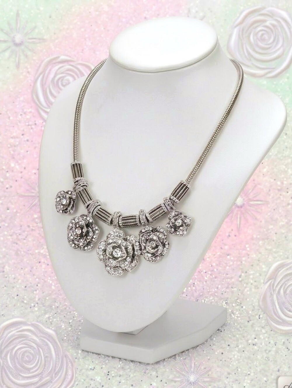 Silver plated white crystal Flower charm necklace with an adjustable chain